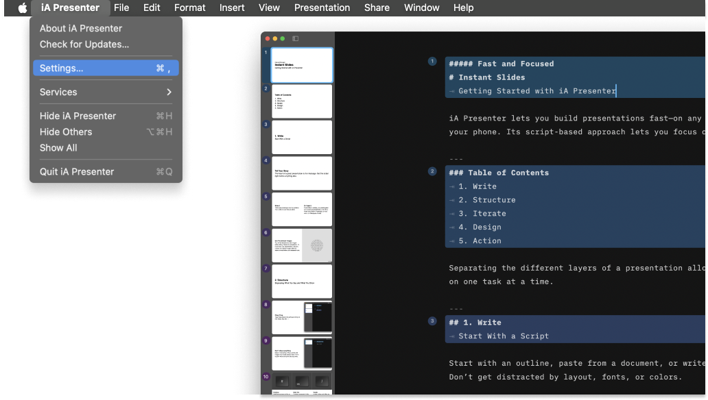 Screenshot of iA Presenter for Mac showcasing how to access the Settings of the app.