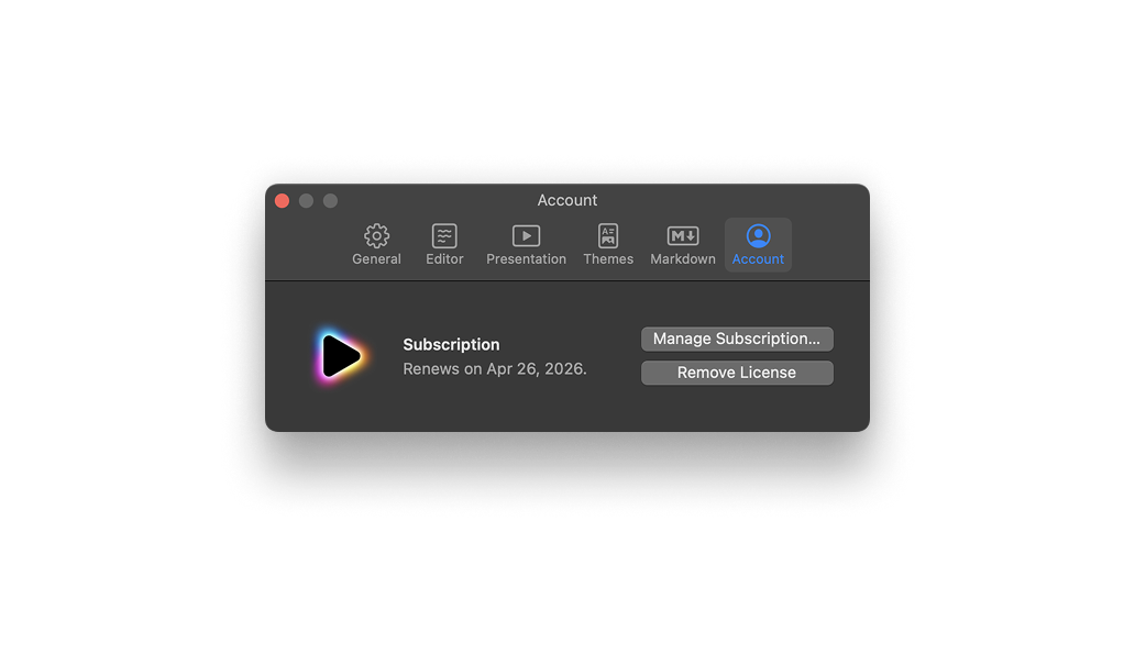 Screenshot of the Account menu from Presenter's Settings on Mac.