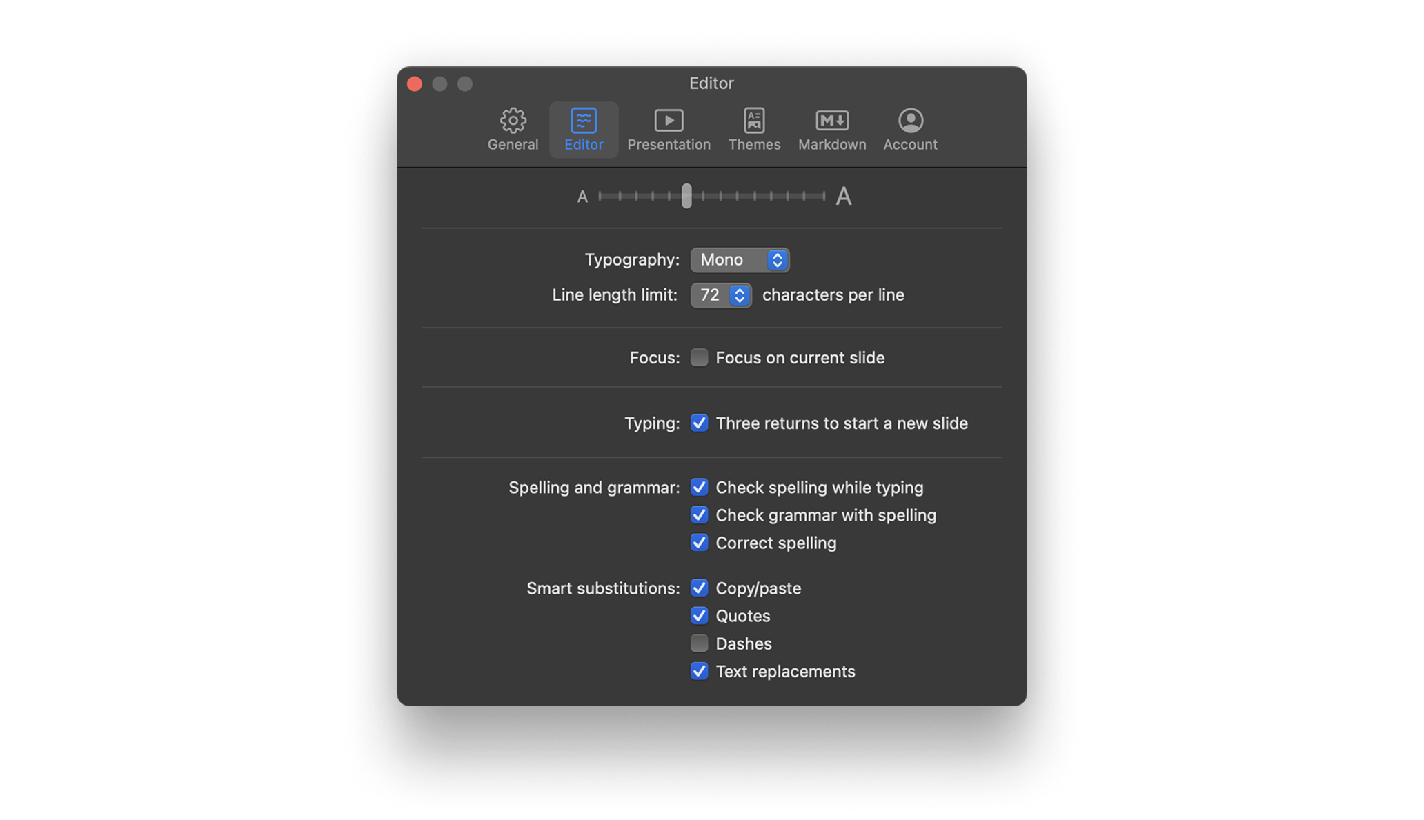 Screenshot of the Editor menu from Presenter's Settings on Mac.