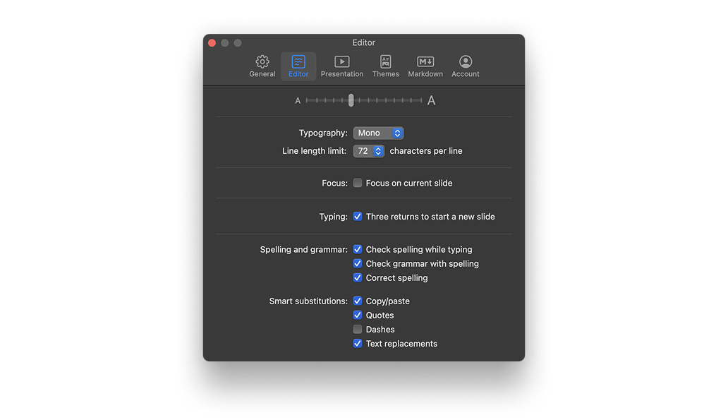 Screenshot of the Editor menu from Presenter's Settings on Mac.