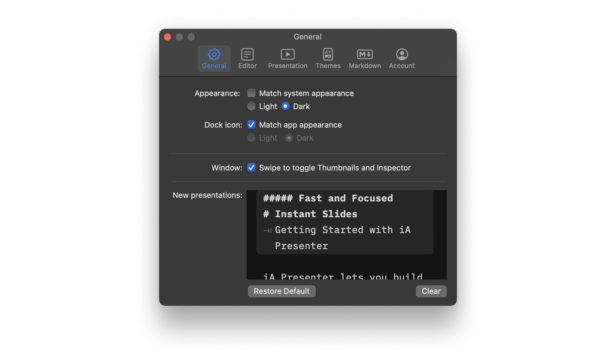 Screenshot of the General menu from Presenter's Settings on Mac.