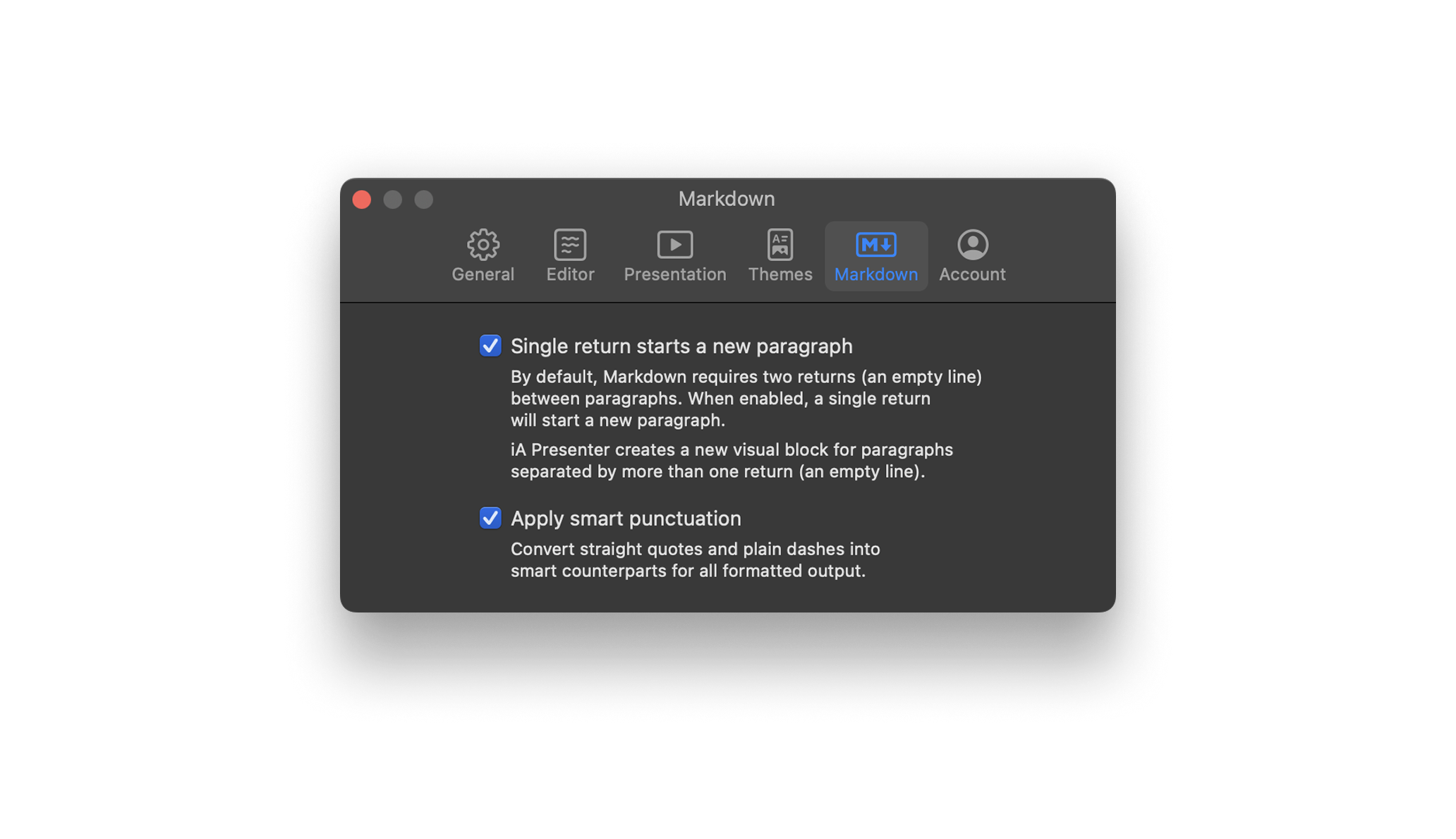 Screenshot of the Markdown menu from Presenter's Settings on Mac.