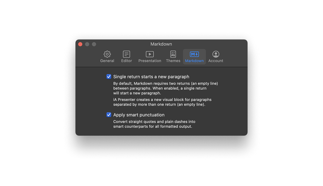 Screenshot of the Markdown menu from Presenter's Settings on Mac.