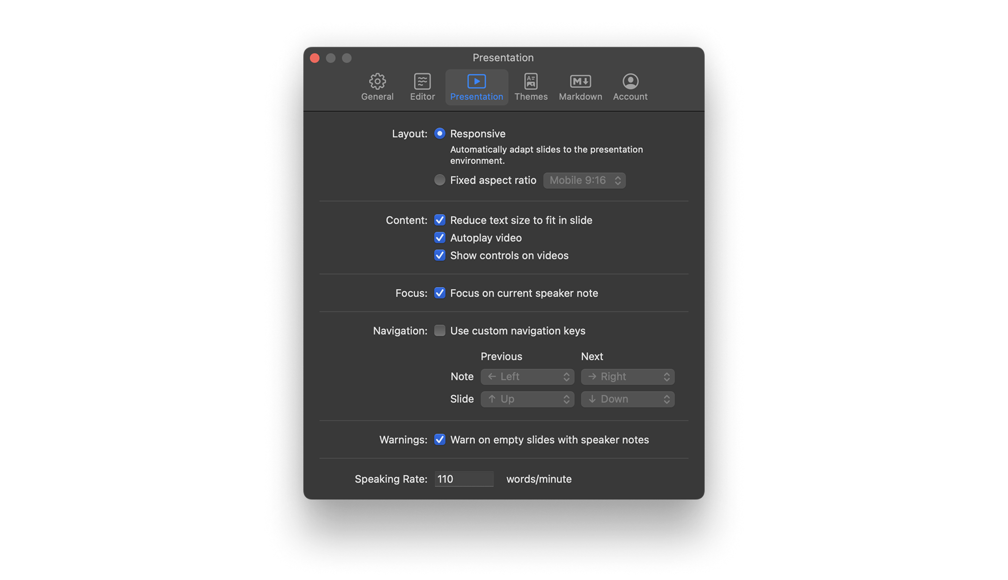 Screenshot of the Presentation menu from Presenter's Settings on Mac.