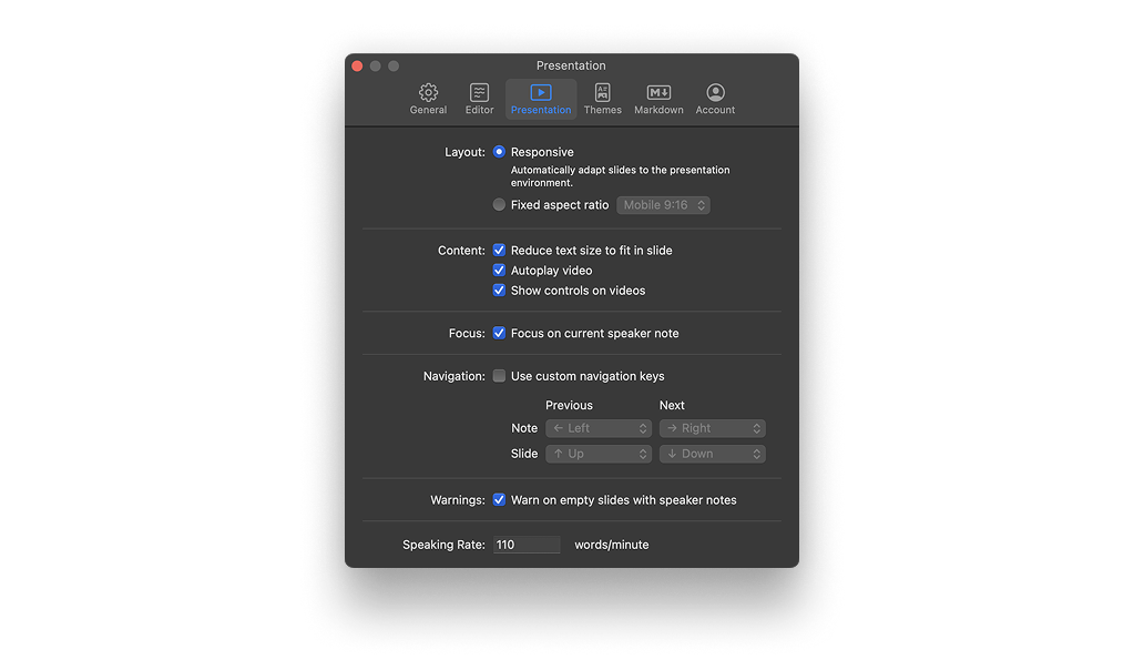 Screenshot of the Presentation menu from Presenter's Settings on Mac.