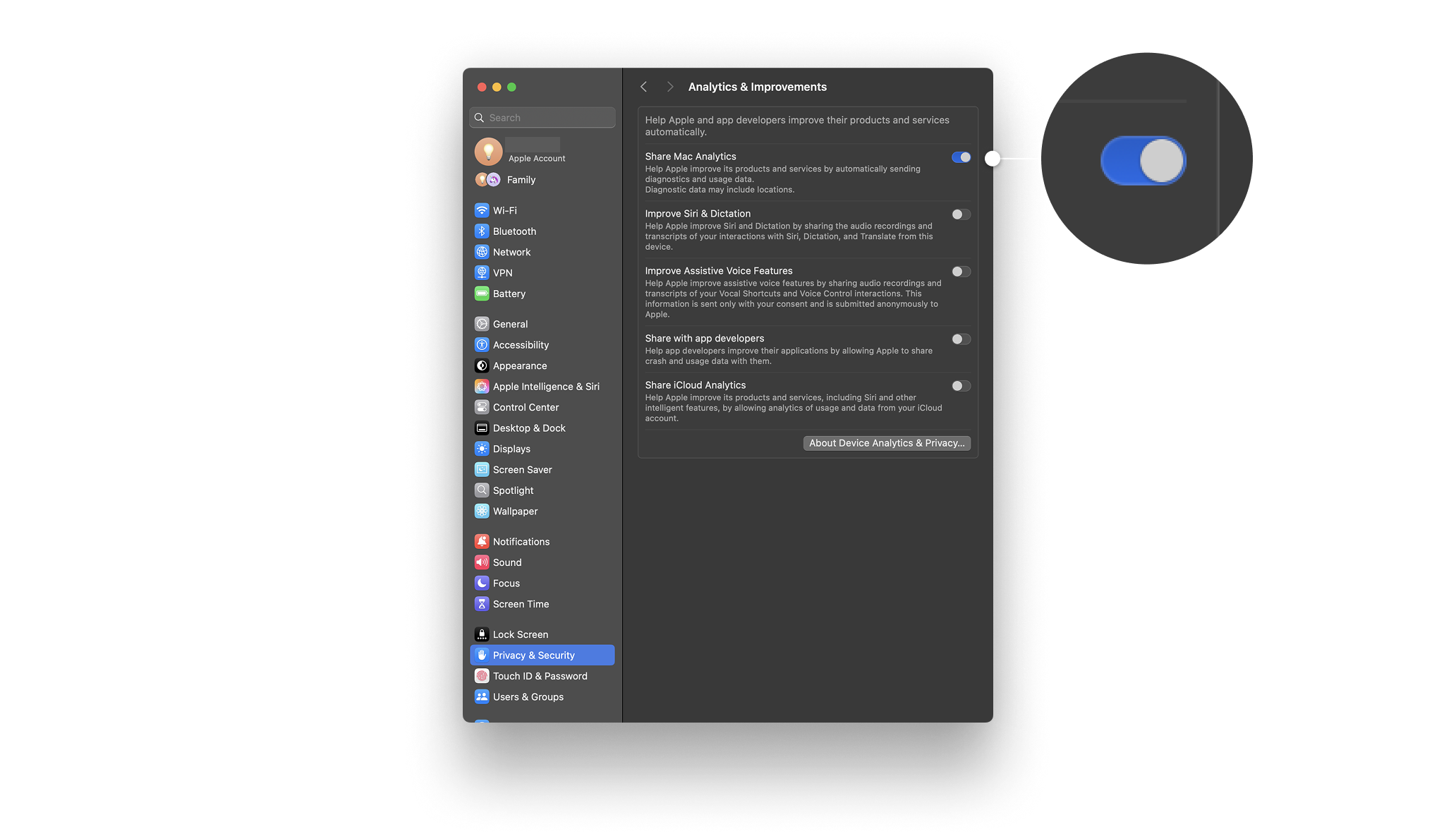 Screenshot of the Mac Settings, Privacy and security, to share analytics with developers.