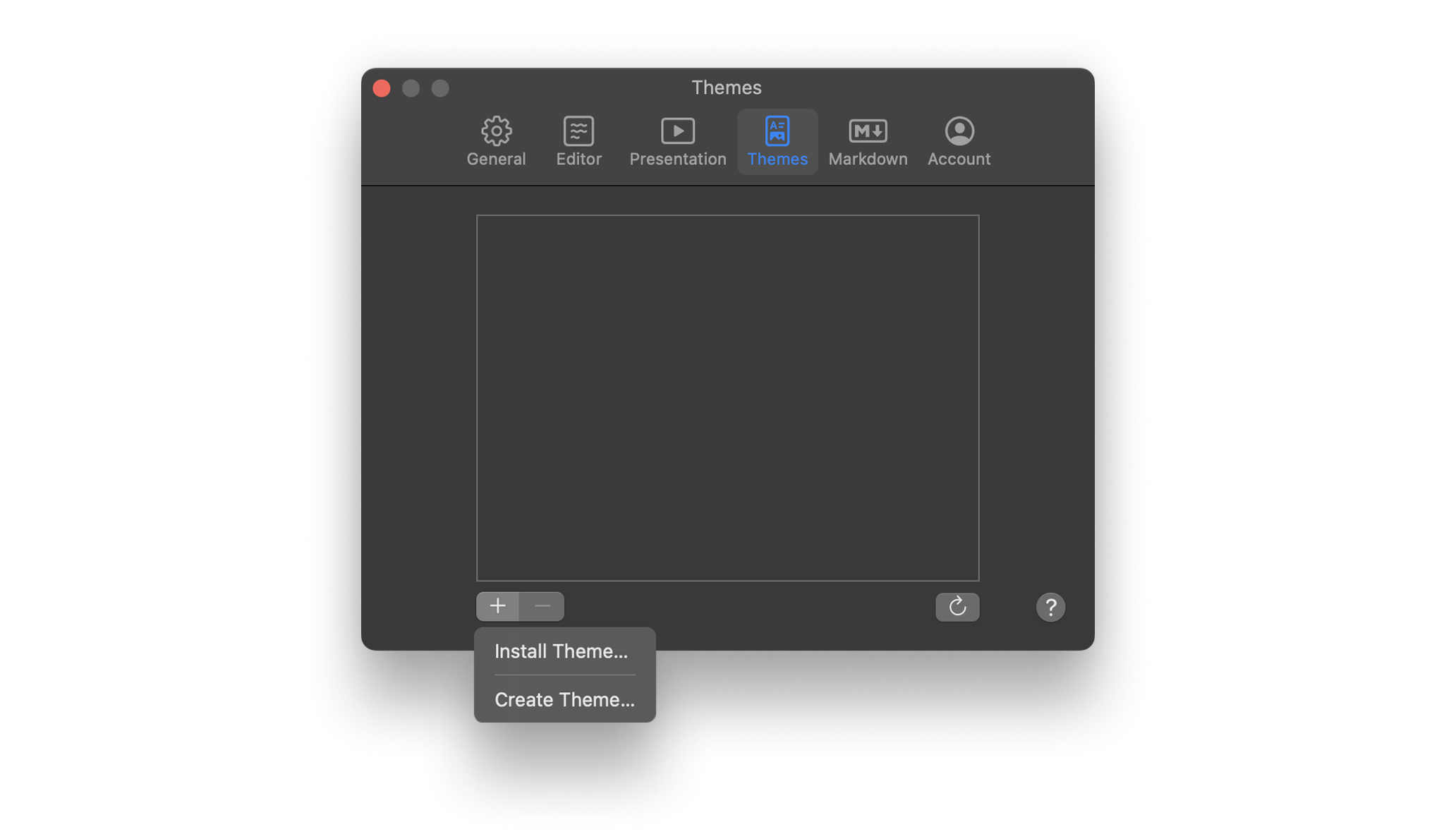 Screenshot of the Theme menu from Presenter's Settings on Mac.