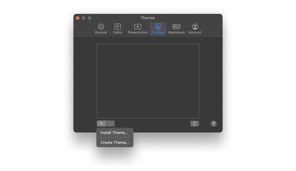 Screenshot of the Theme menu from Presenter's Settings on Mac.