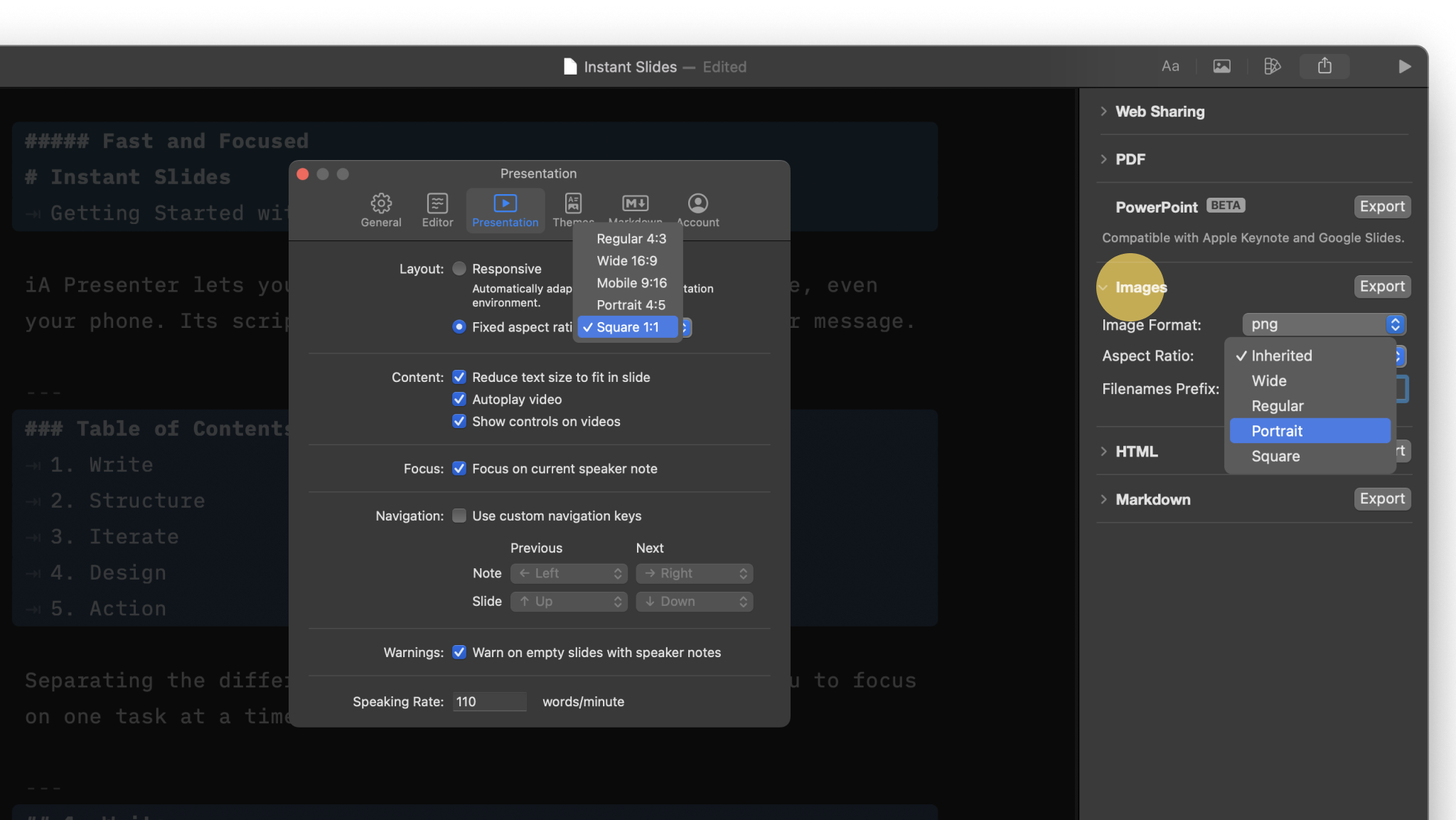 The Presentation Settings where you can change the image Aspect Ratio.