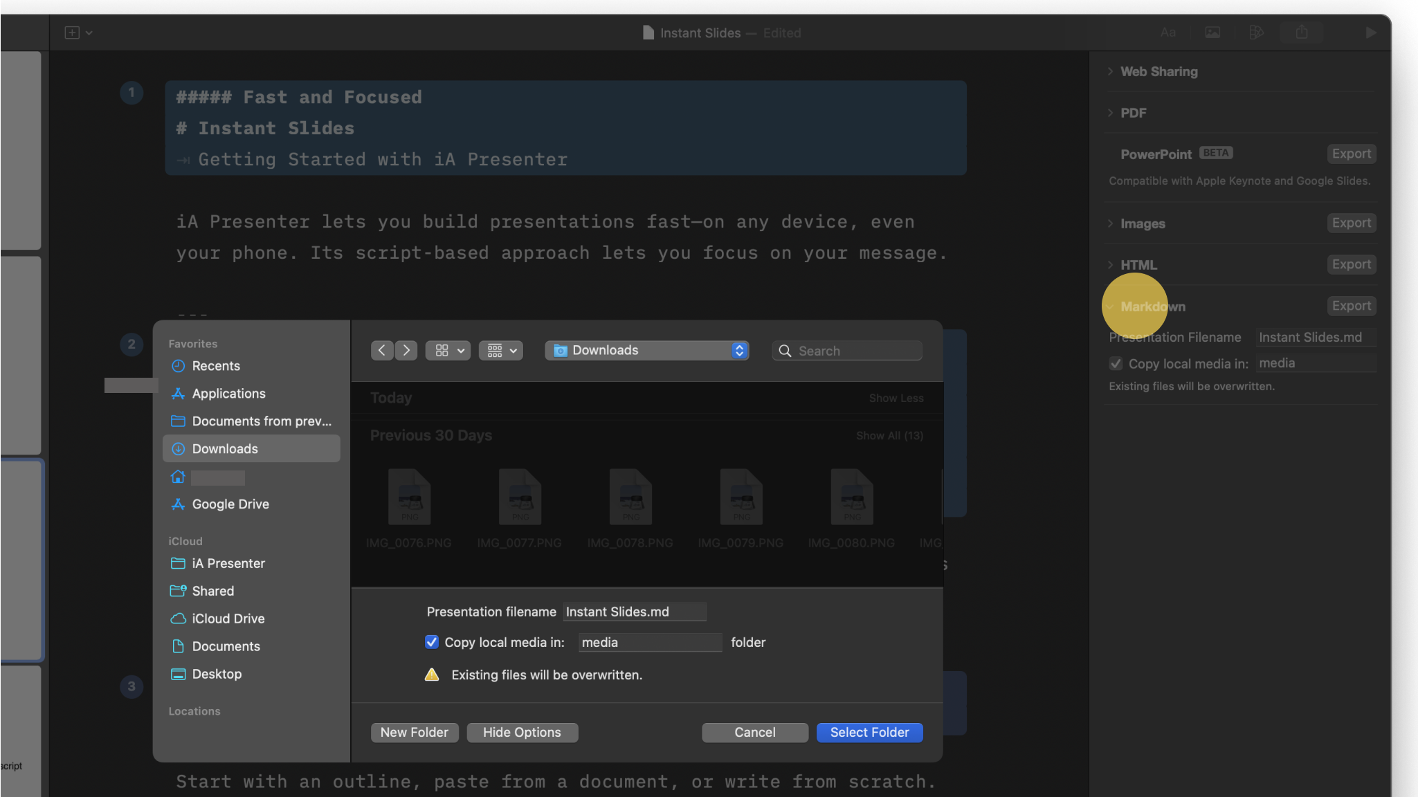 The Markdown export with its options.