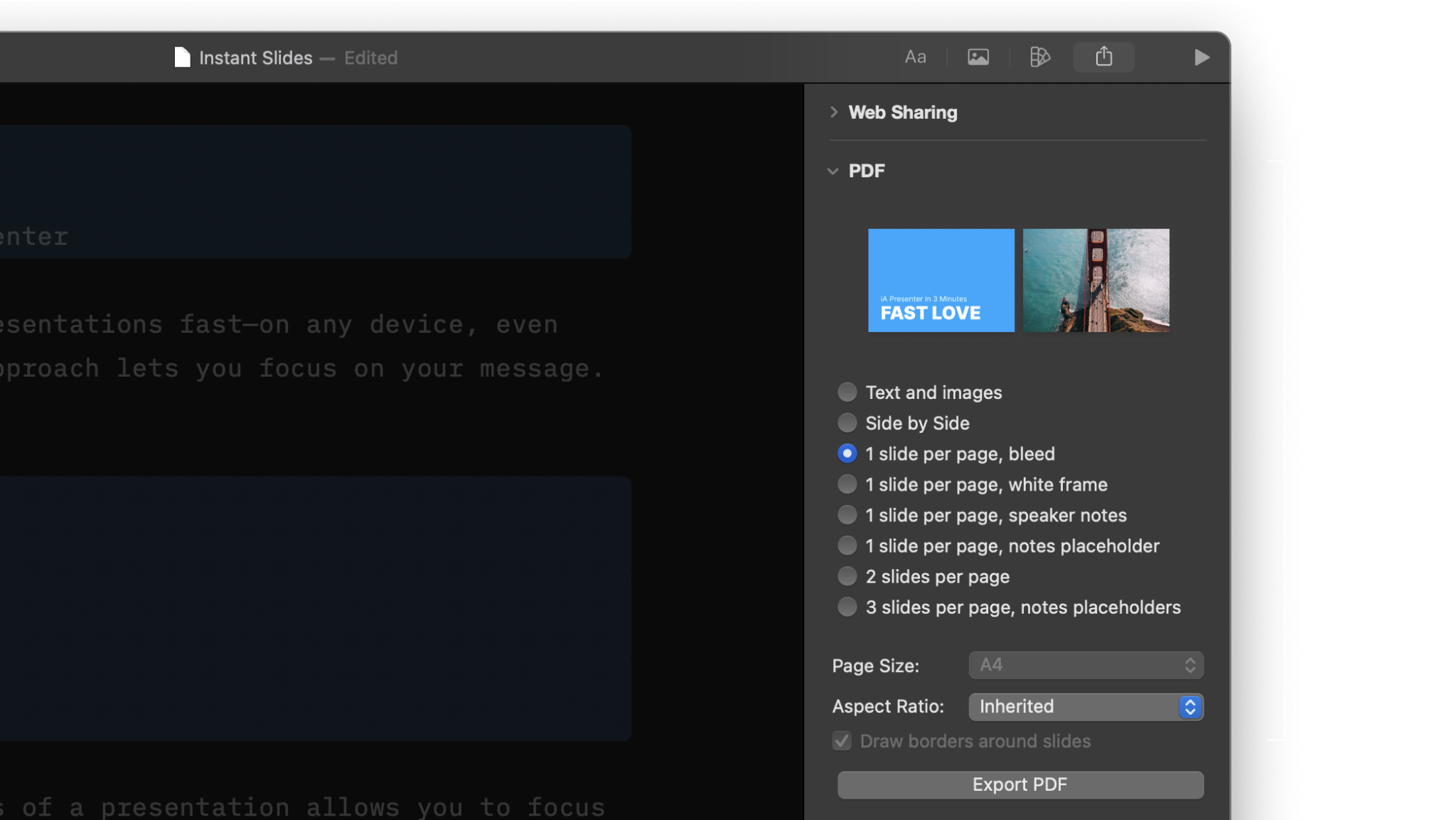 Available PDF options for export