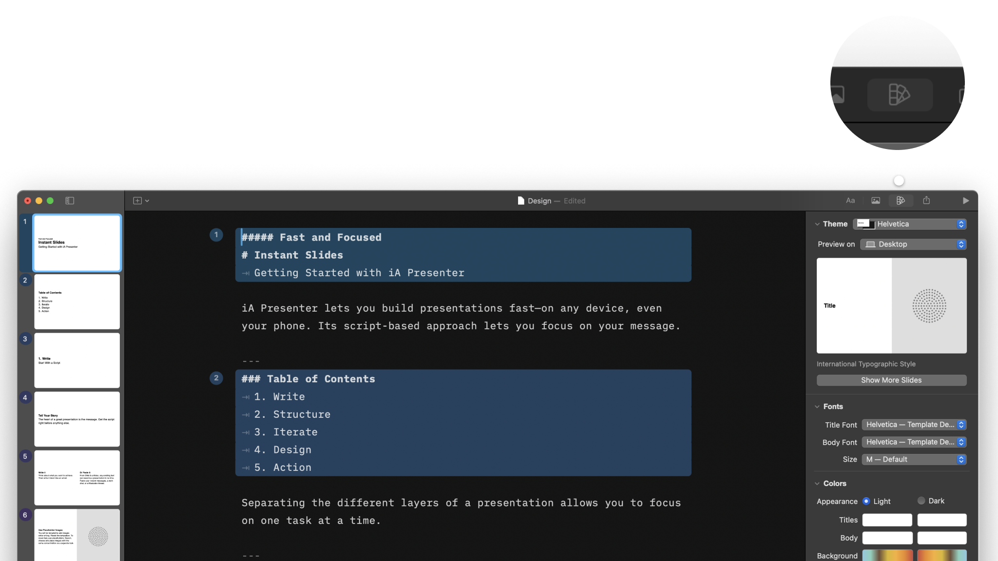 Screenshot of the Design tab in the Inspector in iA Presenter