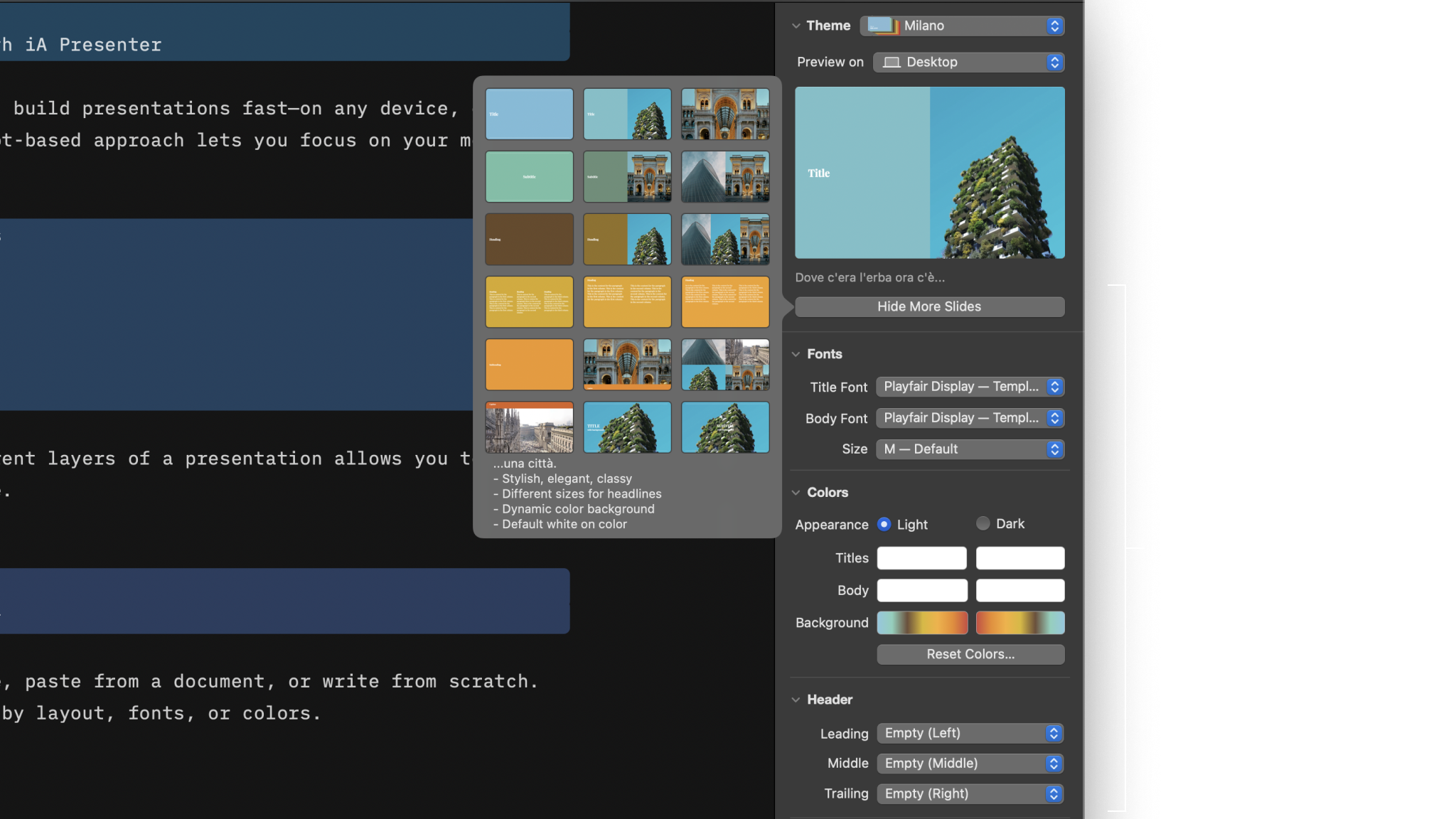 Screenshot of the Themes menu in Presenter for Mac showcasing the customization options