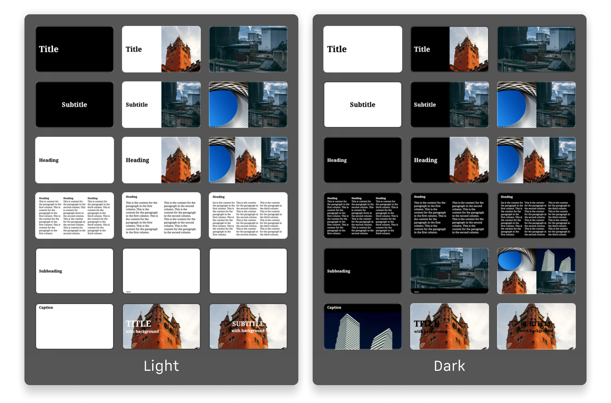 A side-by-side preview of the different slide layouts in the Basel theme, showcasing both the light and dark modes.