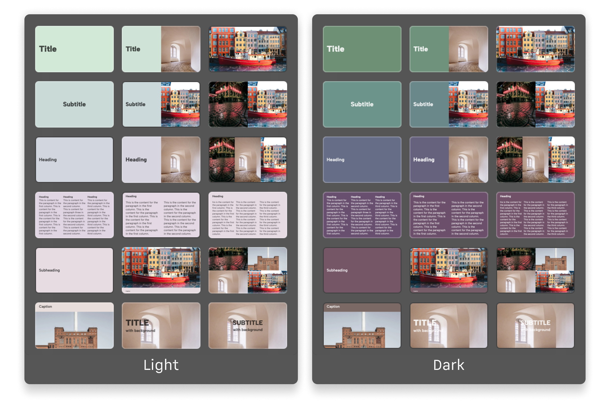 A side-by-side preview of the different slide layouts in the Copenhagen theme, showcasing both the light and dark modes.