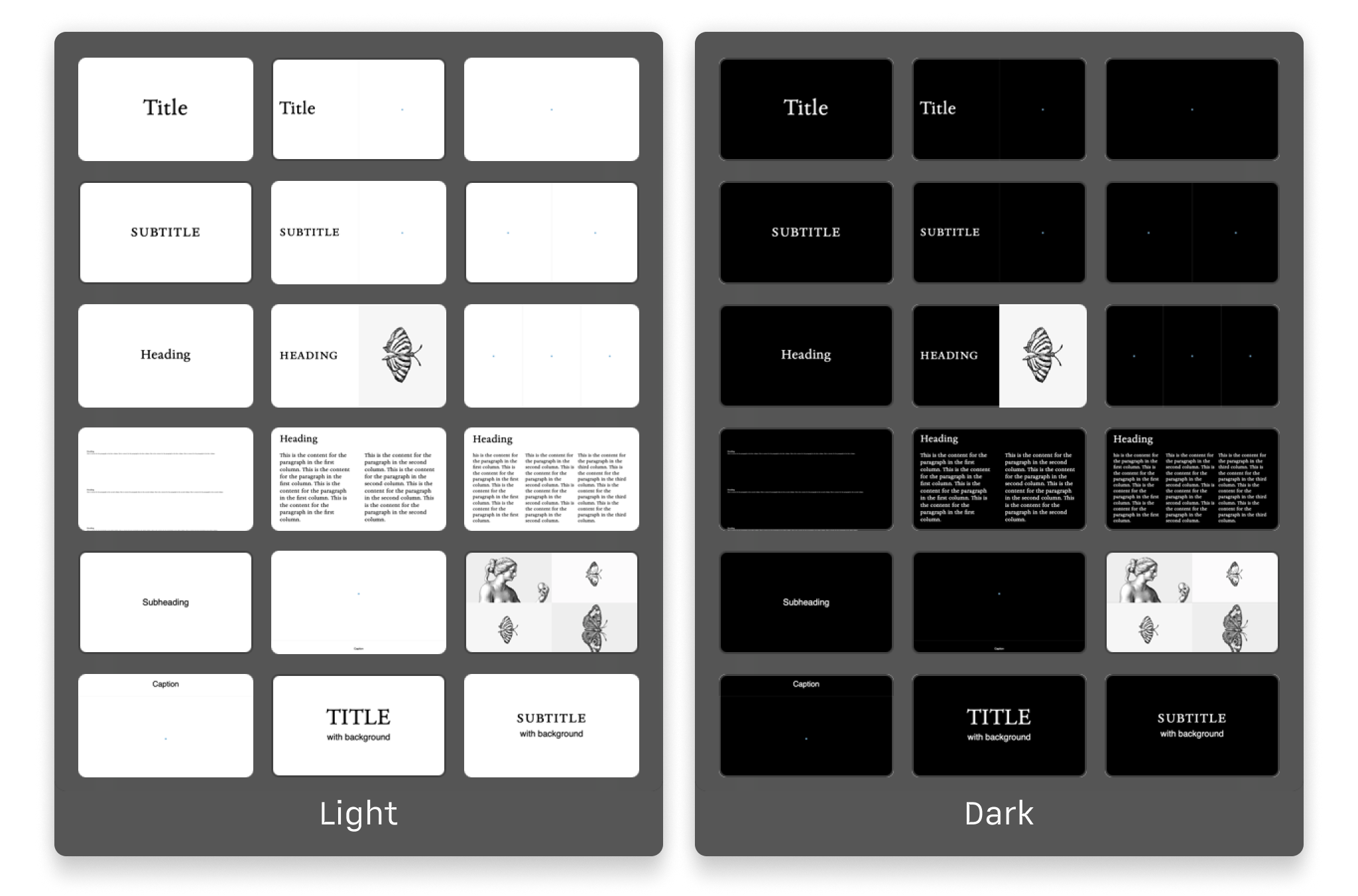 A side-by-side preview of the different slide layouts in the Garamond theme, showcasing both the light and dark modes.