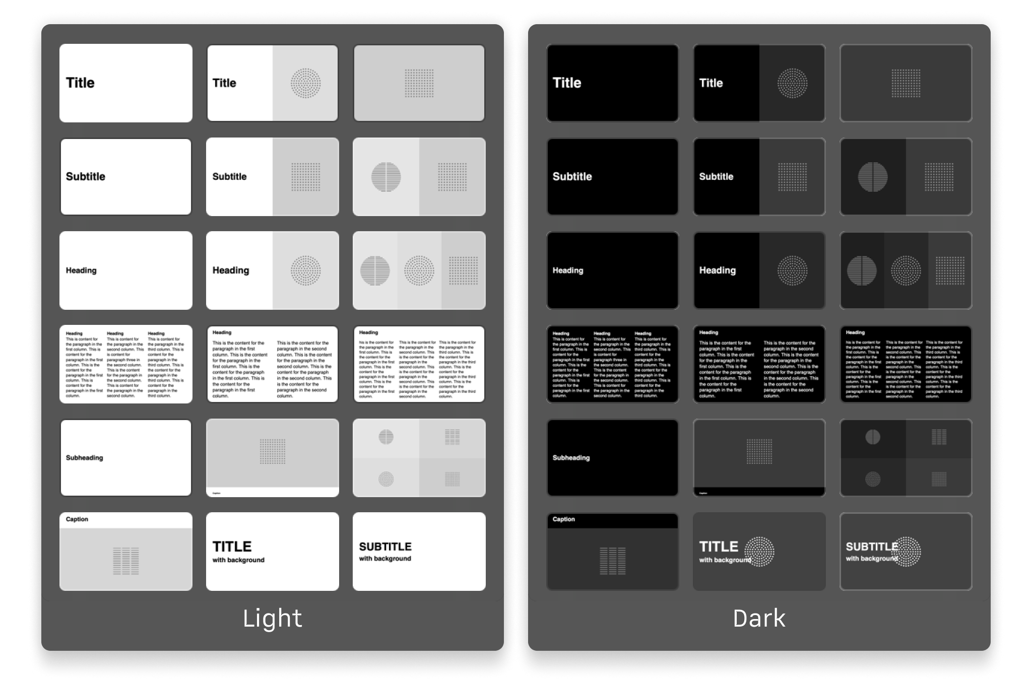 A side-by-side preview of the different slide layouts in the Helvetica theme, showcasing both the light and dark modes.