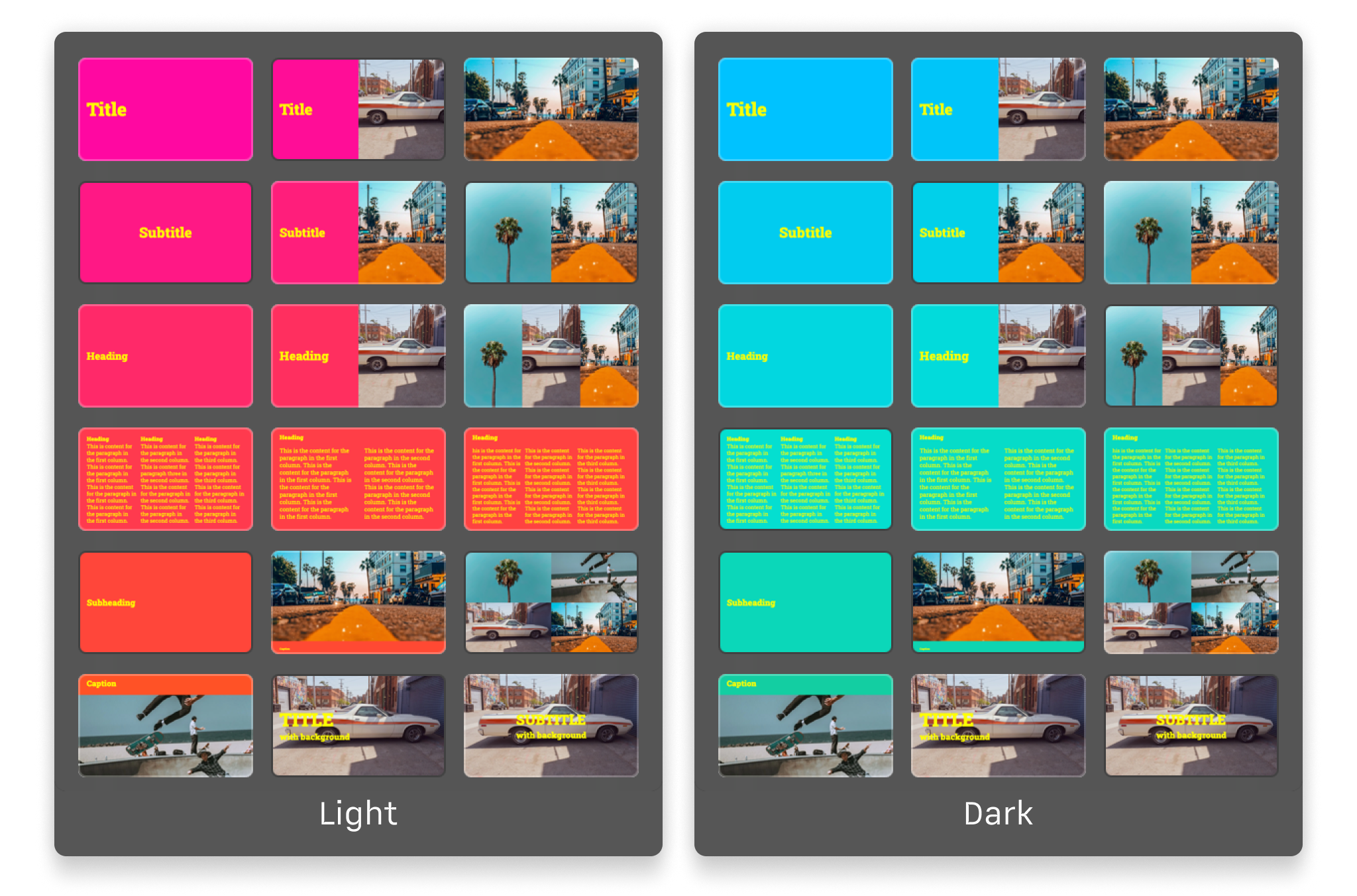A side-by-side preview of the different slide layouts in the Los Angeles theme, showcasing both the light and dark modes.