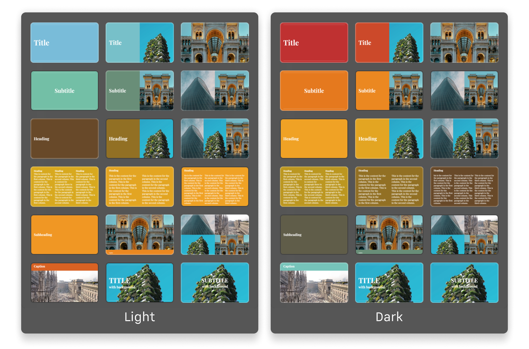 A side-by-side preview of the different slide layouts in the Milano theme, showcasing both the light and dark modes.