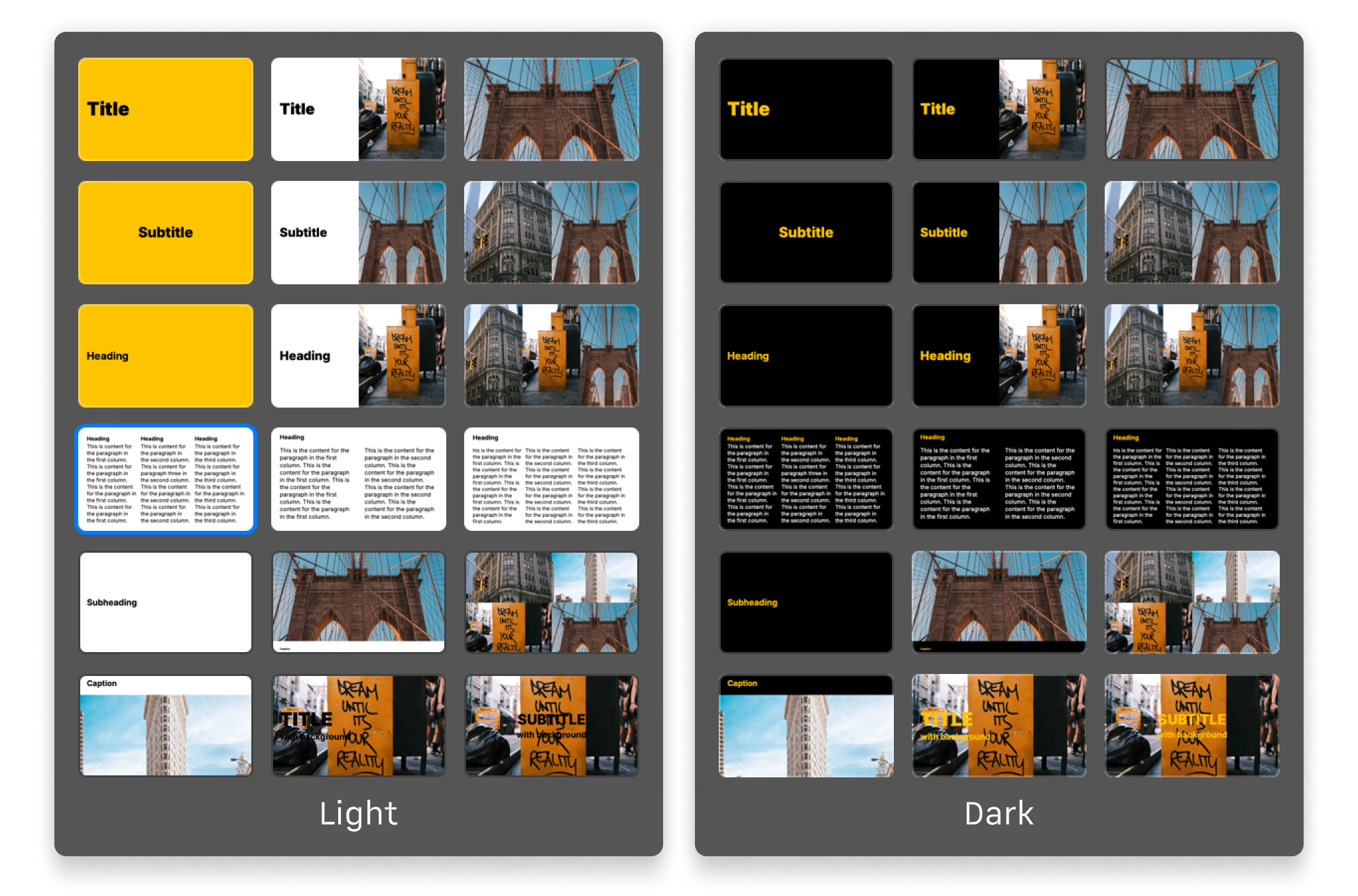 A side-by-side preview of the different slide layouts in the New York theme, showcasing both the light and dark modes.