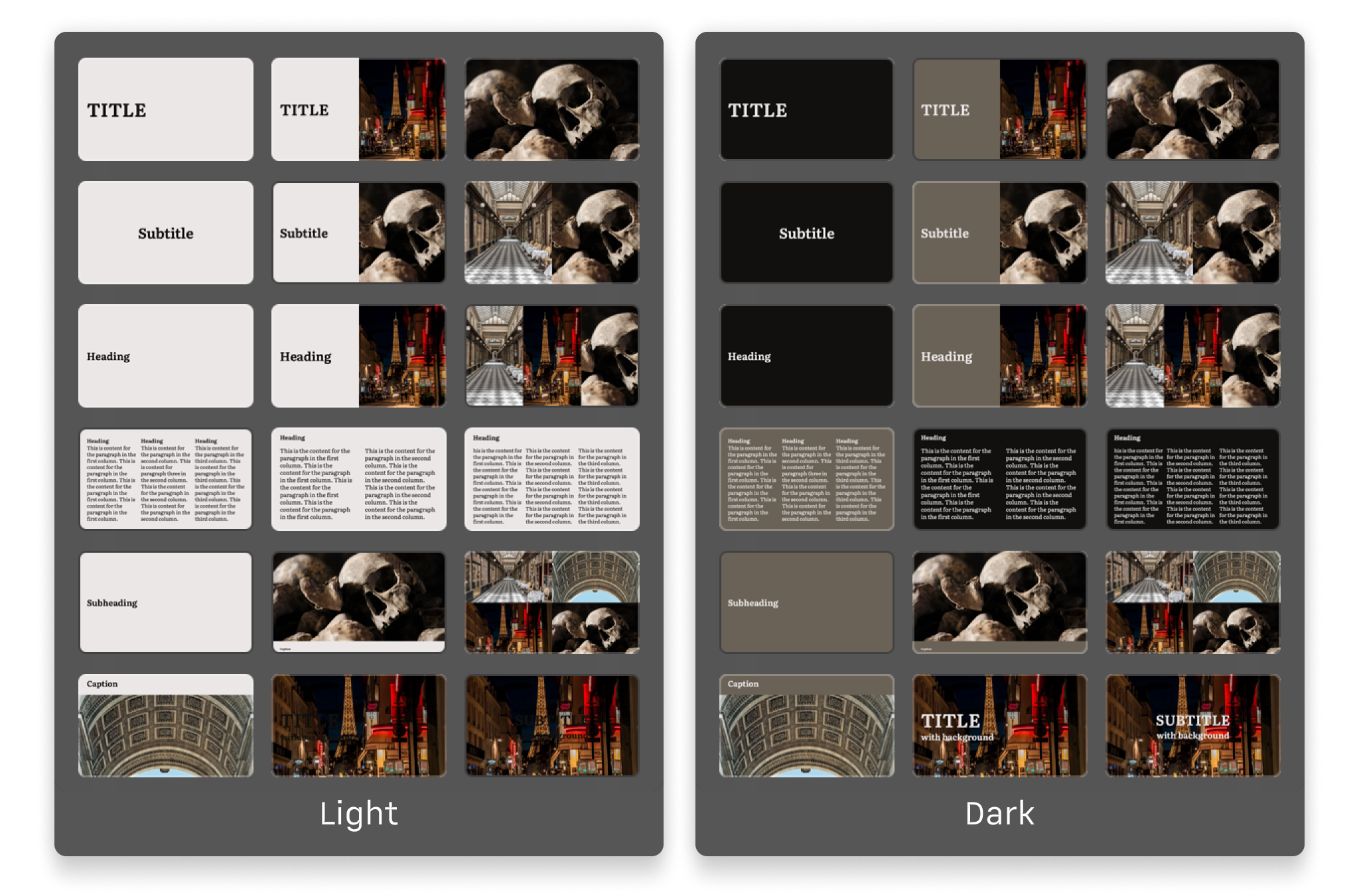A side-by-side preview of the different slide layouts in the Paris theme, showcasing both the light and dark modes.
