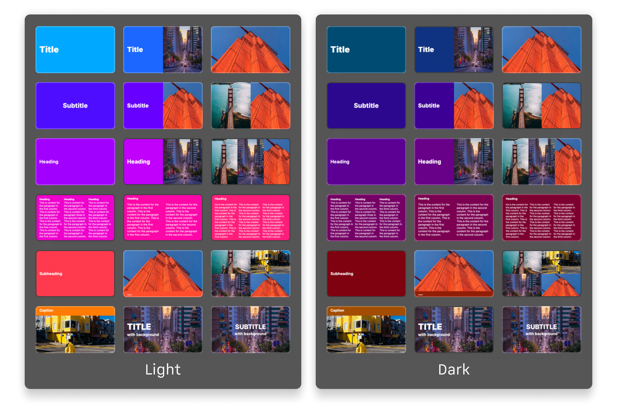A side-by-side preview of the different slide layouts in the San Francisco theme, showcasing both the light and dark modes.