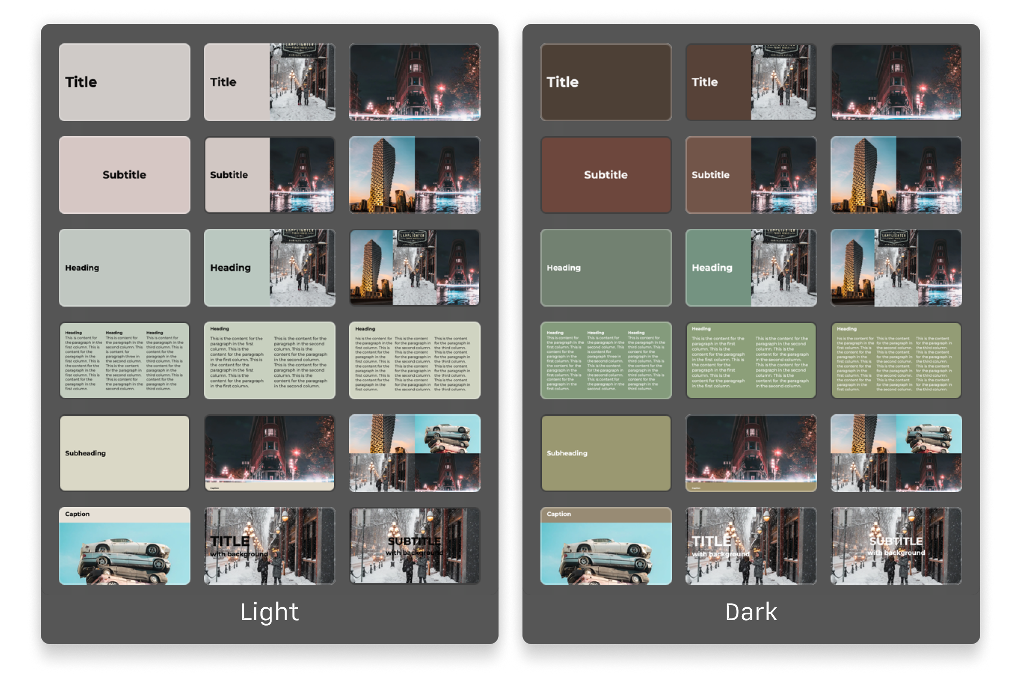 A side-by-side preview of the different slide layouts in the Vancouver theme, showcasing both the light and dark modes.