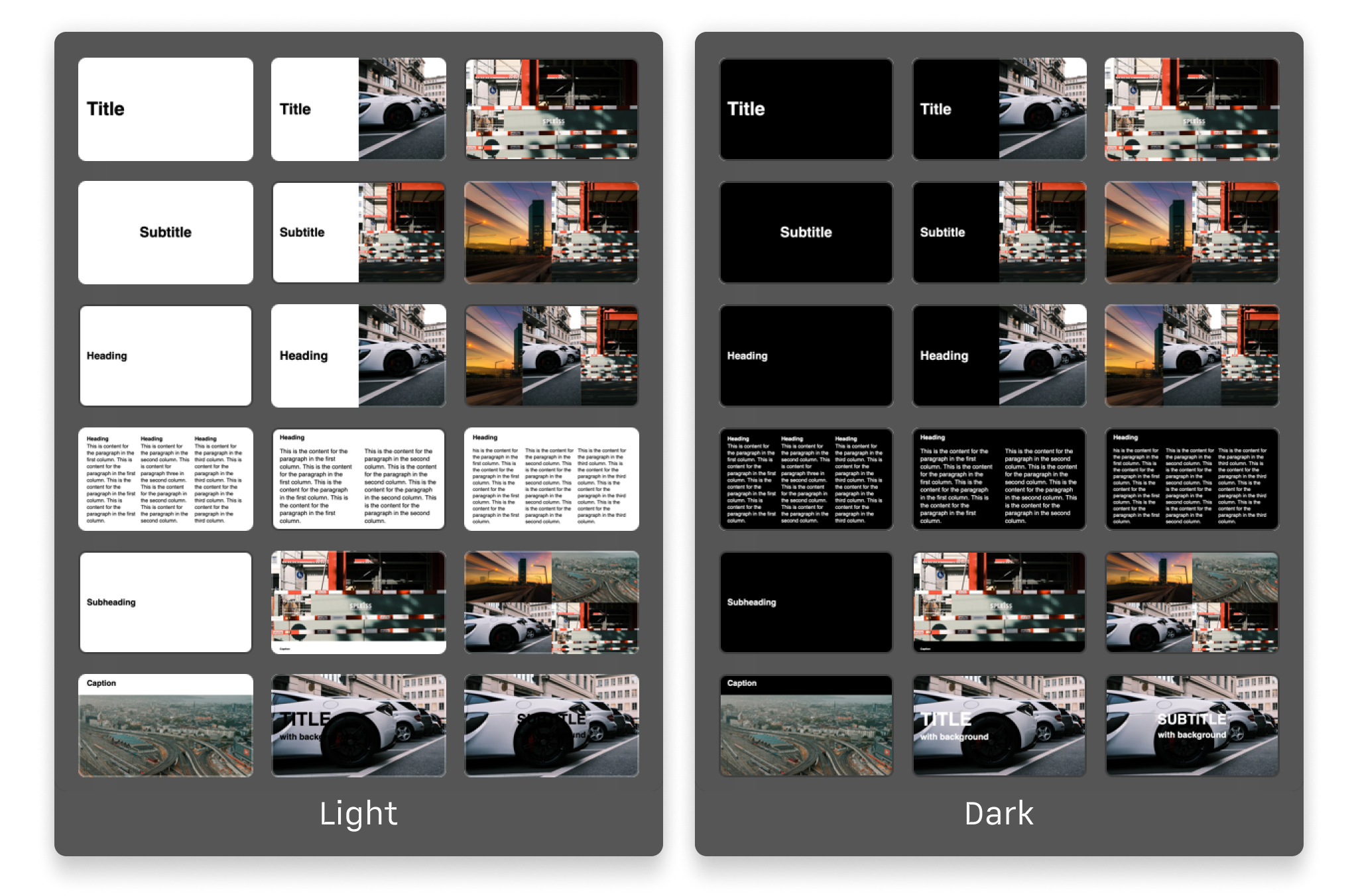 A side-by-side preview of the different slide layouts in the Zurich theme, showcasing both the light and dark modes.