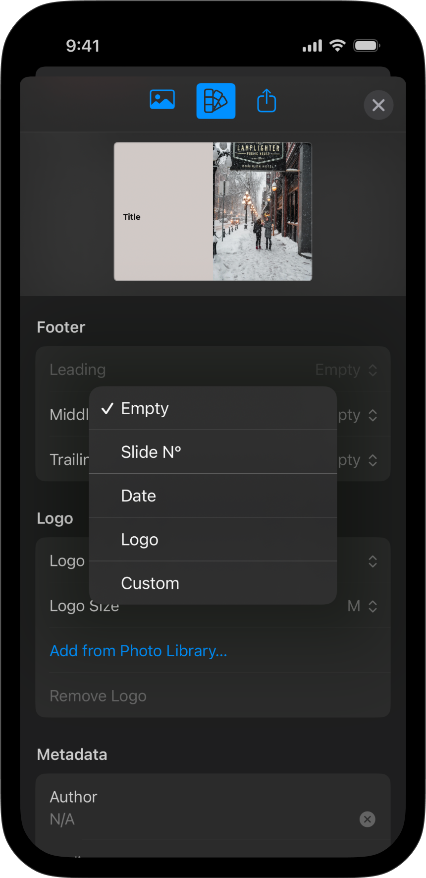 Options to change the footer.