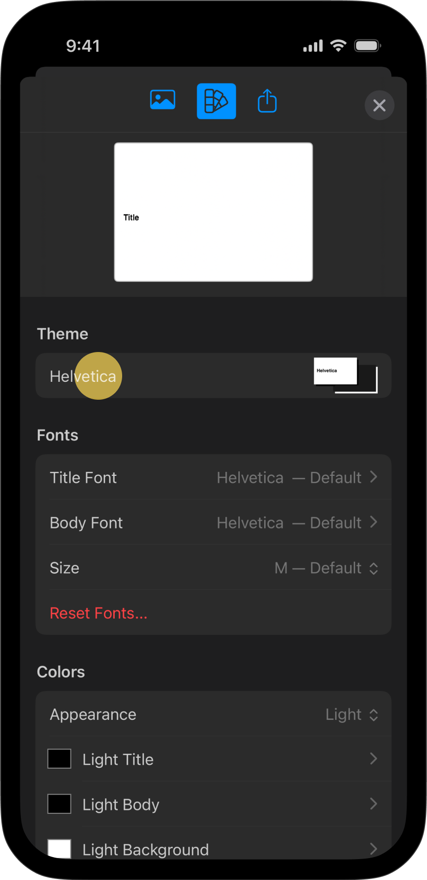 The Theme section within the Design menu.