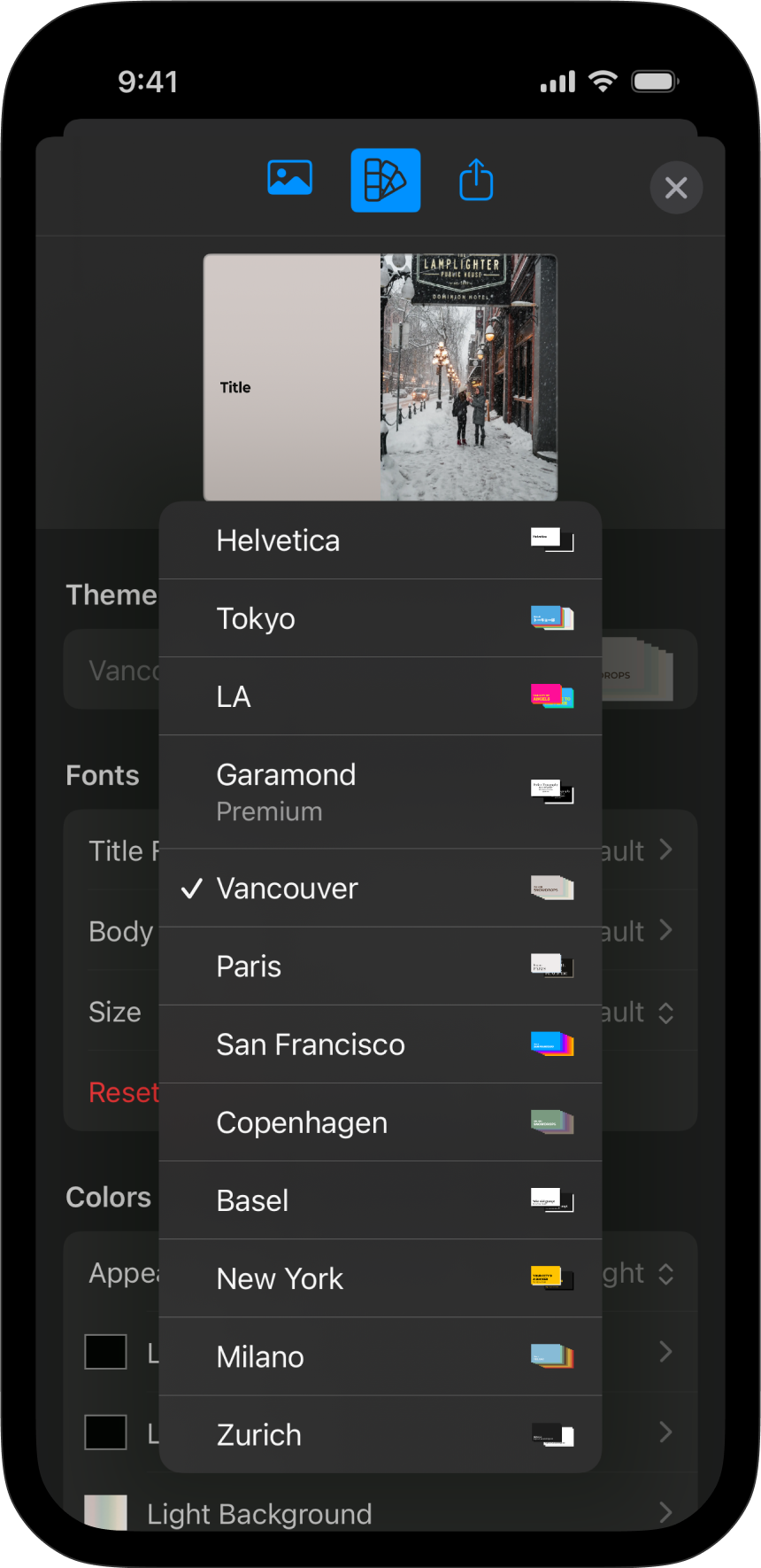 The Theme dropdown menu.
