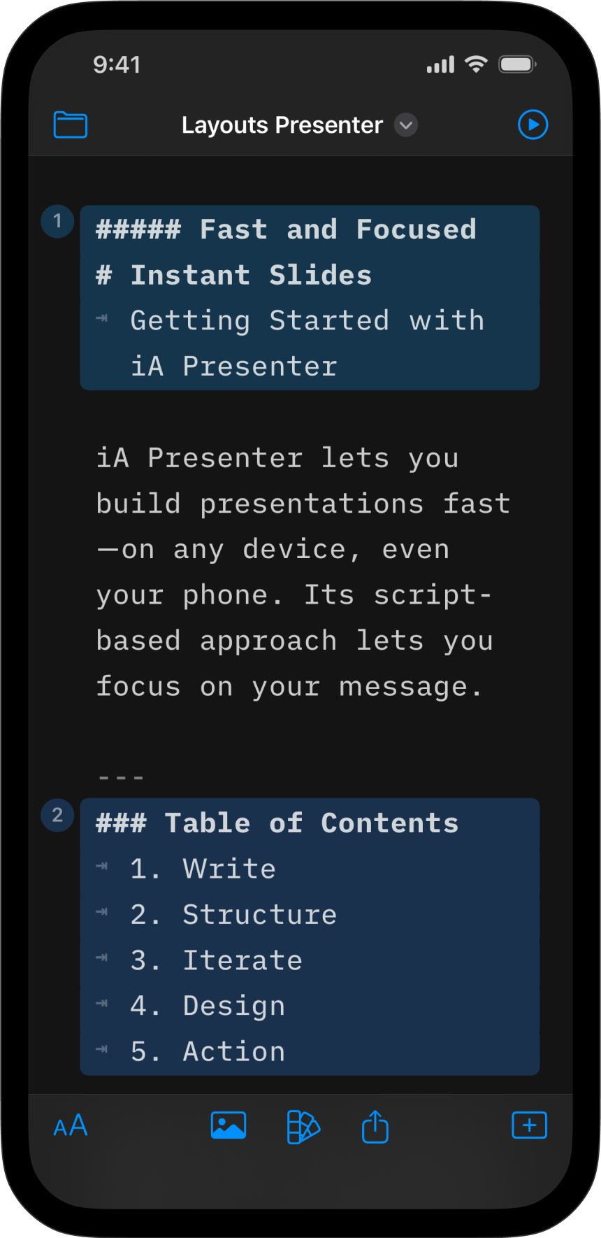 Screenshot of the Editor of Presenter for iOS