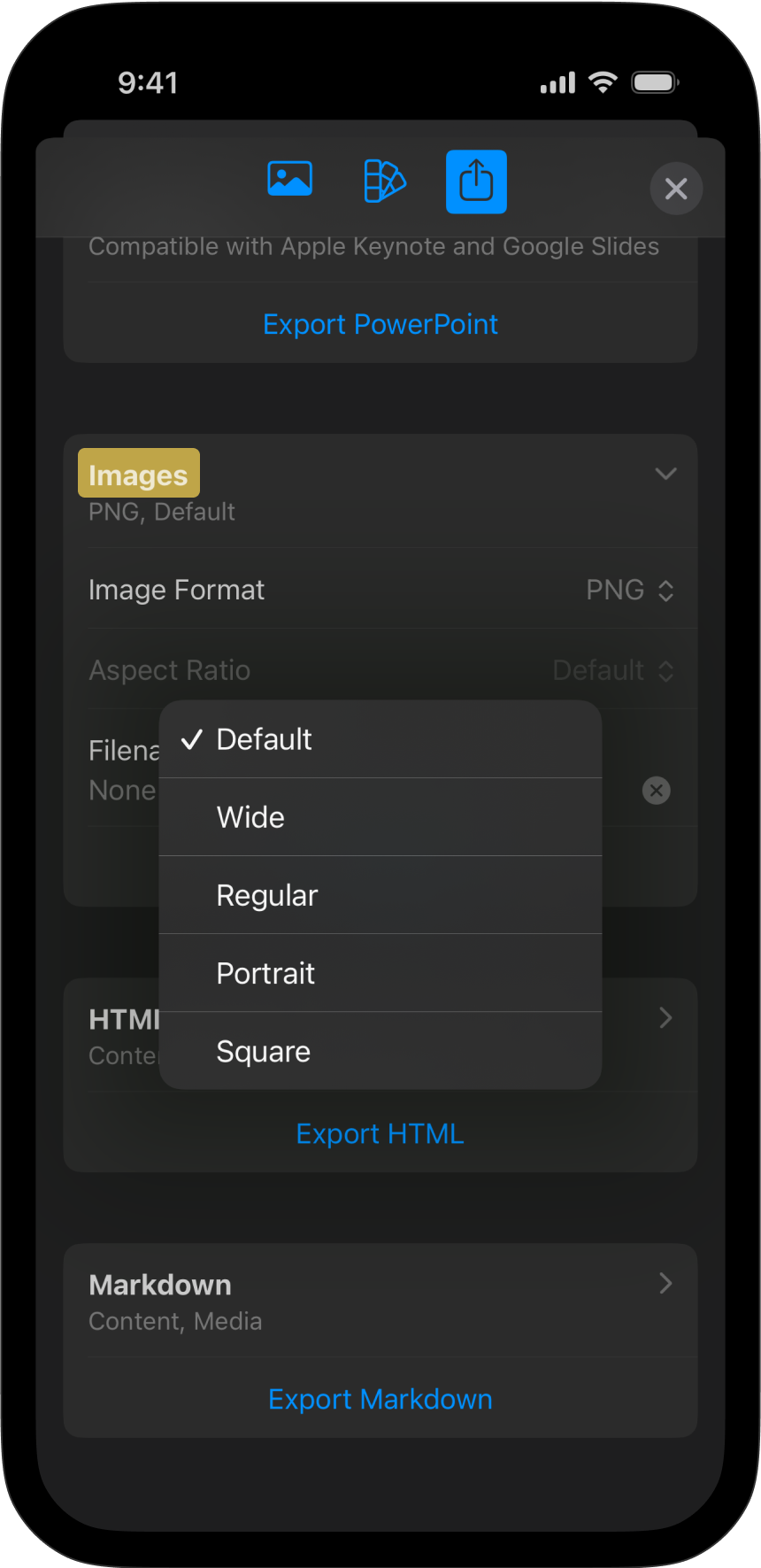 The export menu of Presenter for iOS showing the Images Export options