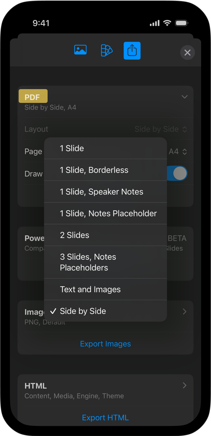 The export menu of Presenter for iOS showing the PDF Export options