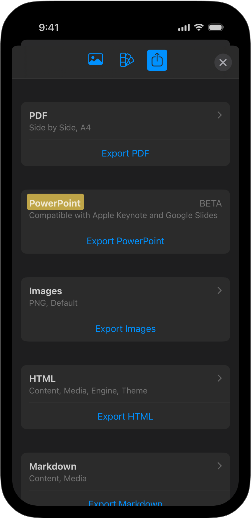 The export menu of Presenter for iOS showing the PPT Export options