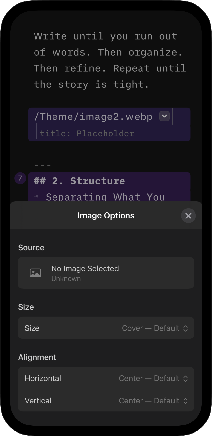 Screenshot showing the Image Options menu