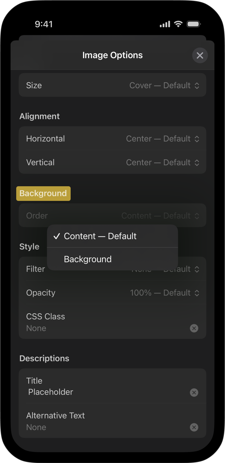 Screenshot showing Background set from the Image Options menu.
