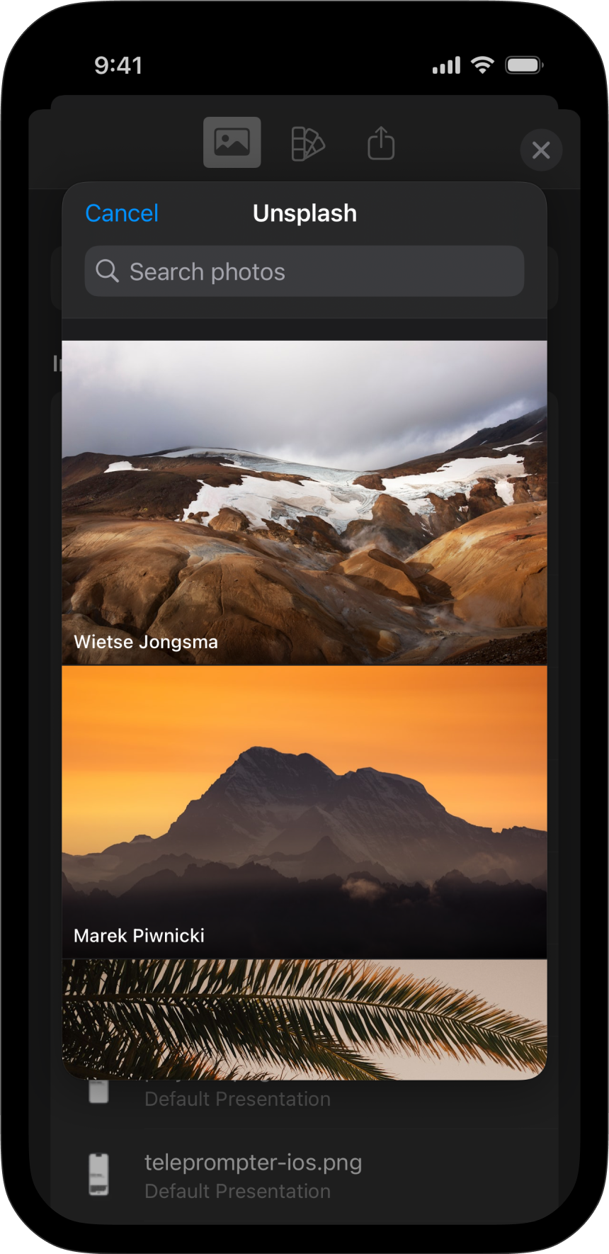 Screenshot of the Unsplash search menu.
