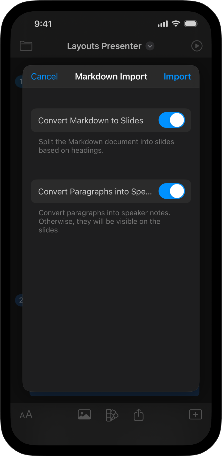 Screenshot of the Markdown Import menu.
