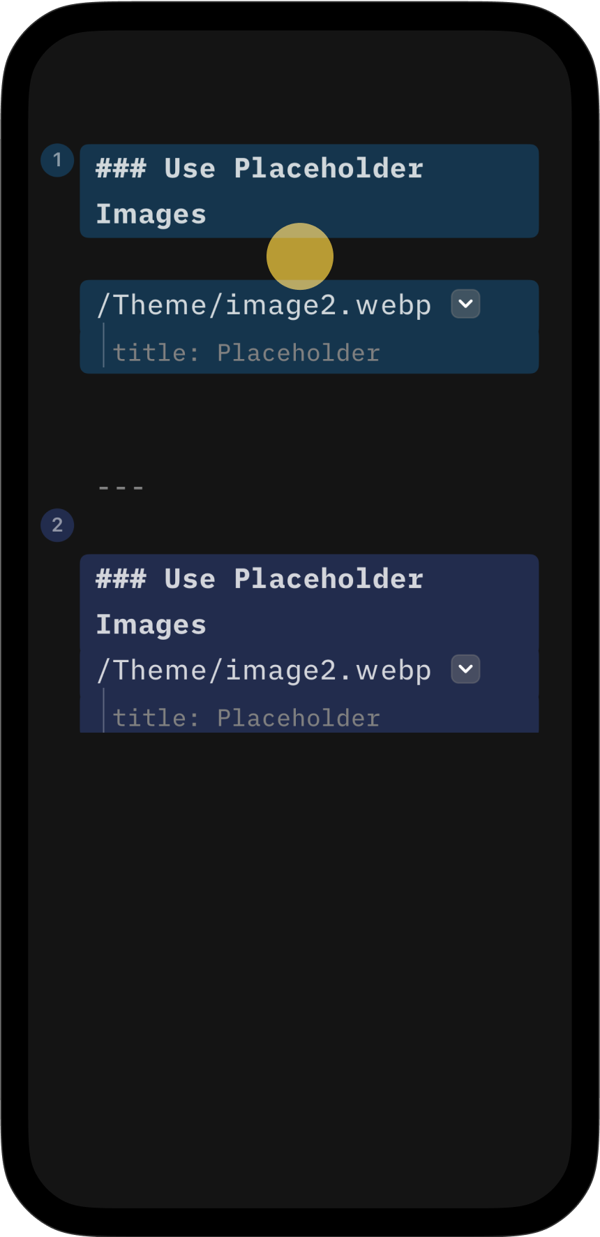Screenshot of the Presenter Editor with one slide with two elements in two cells, the other slide with two elements sharing the same cell.