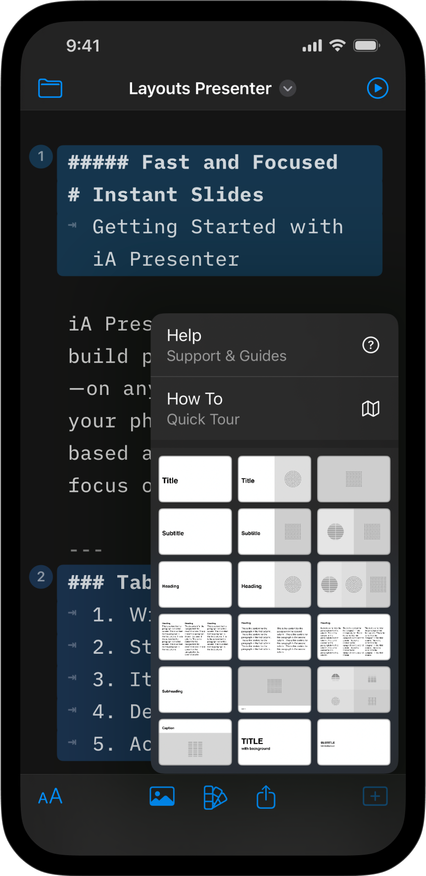 The 18 layouts to choose from the Add Slide menu.