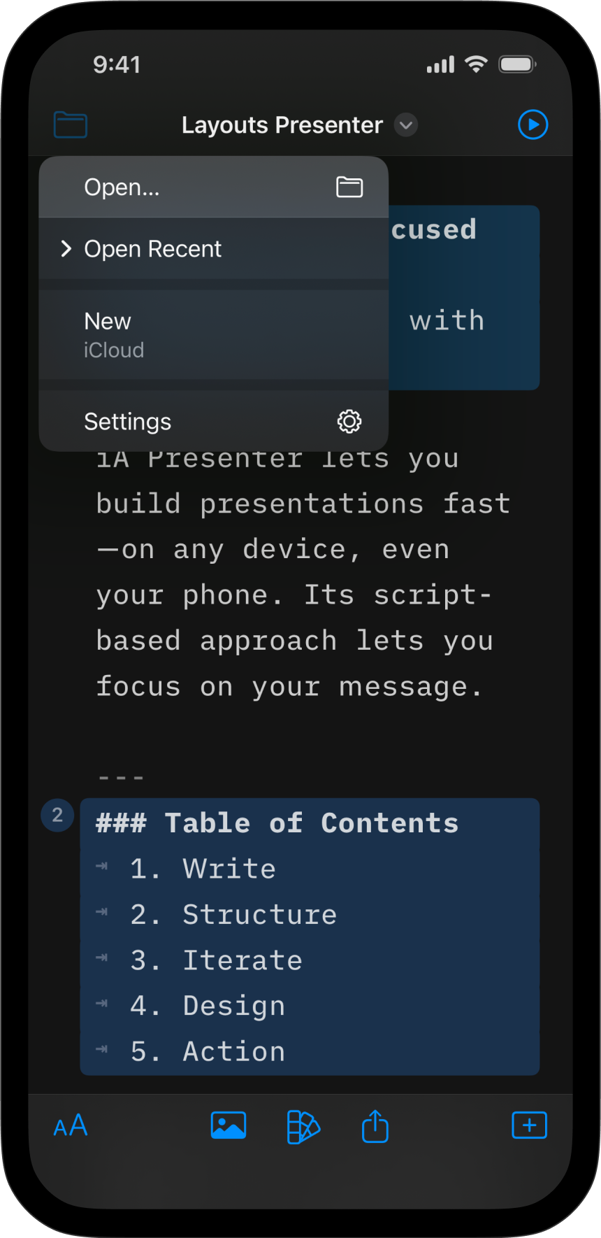 Screenshot of the Library access from the Editor with the file icon on the left side of the toolbar.
