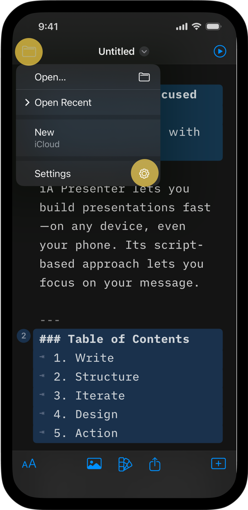 Screenshot of Presenter on iPhone showing how to access the Settings from the Files button in the Editor
