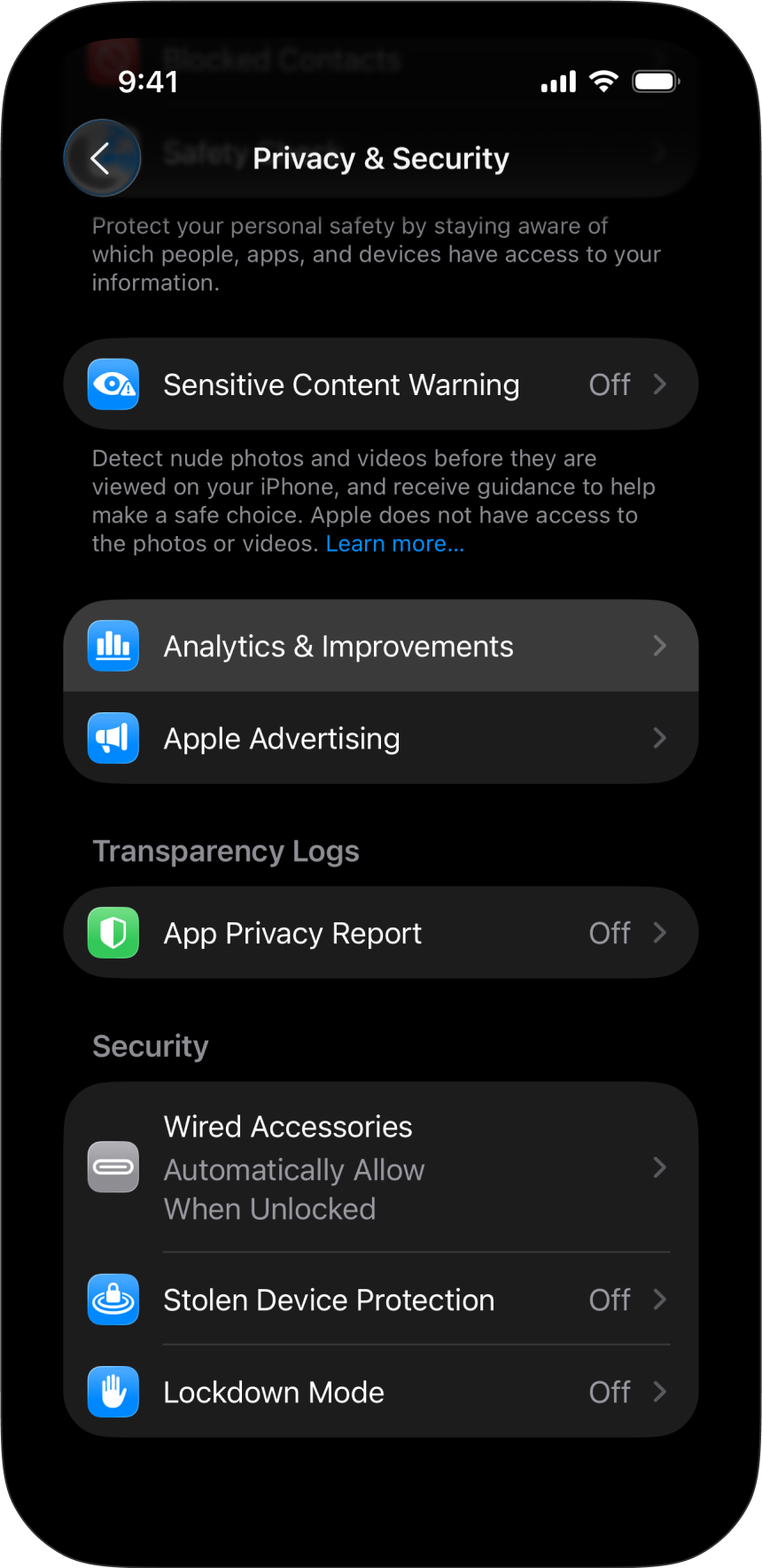Screenshot of the iOS Settings, Privacy and security, to share analytics with developers.