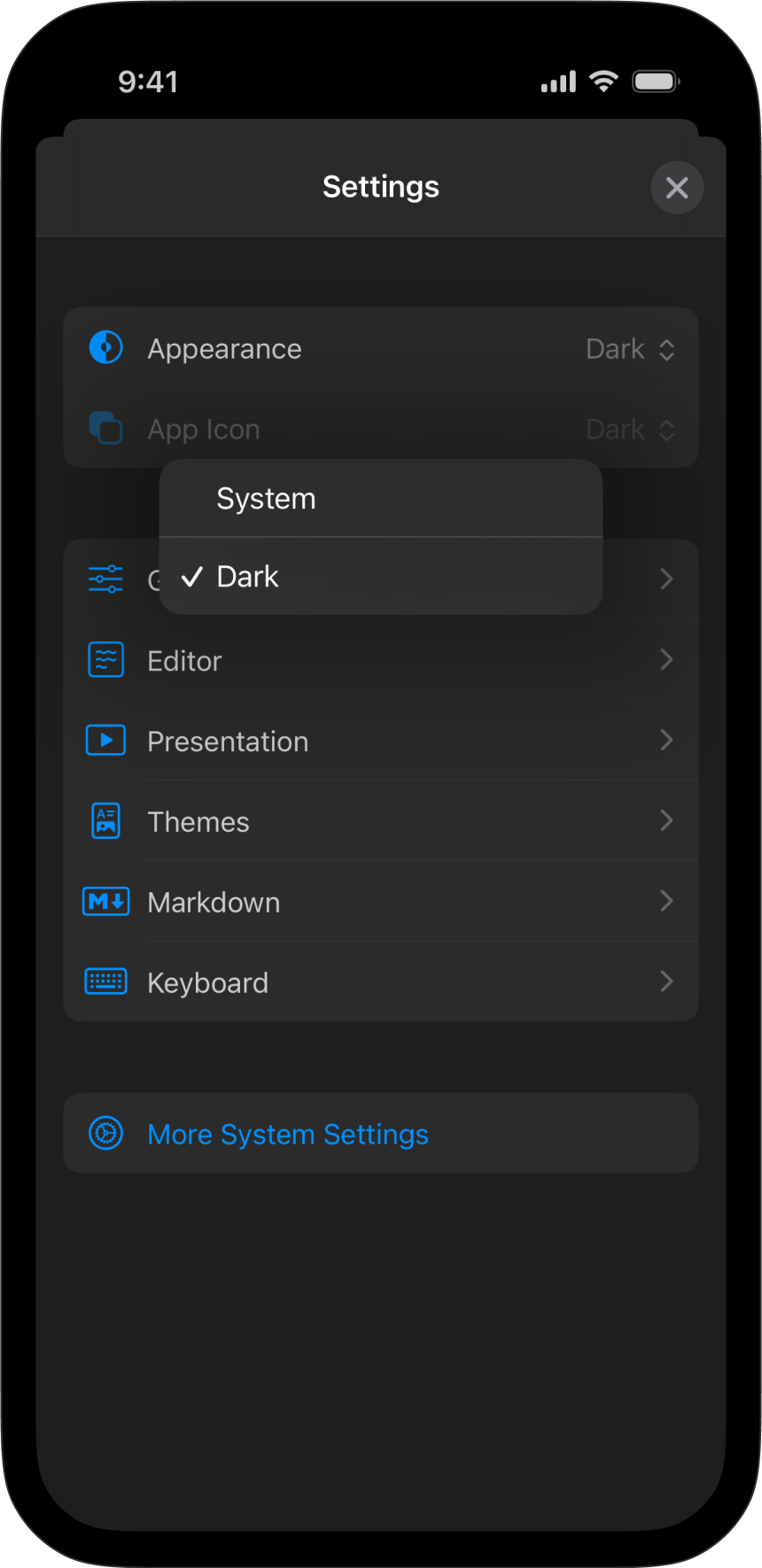 The main menu of the Settings in Presenter for iOS, showing the App Icons menu options