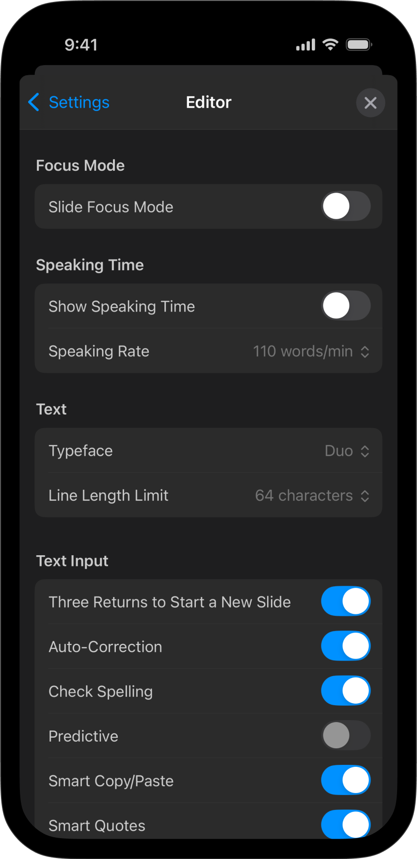 Screenshot of the Editor Menu Settings options