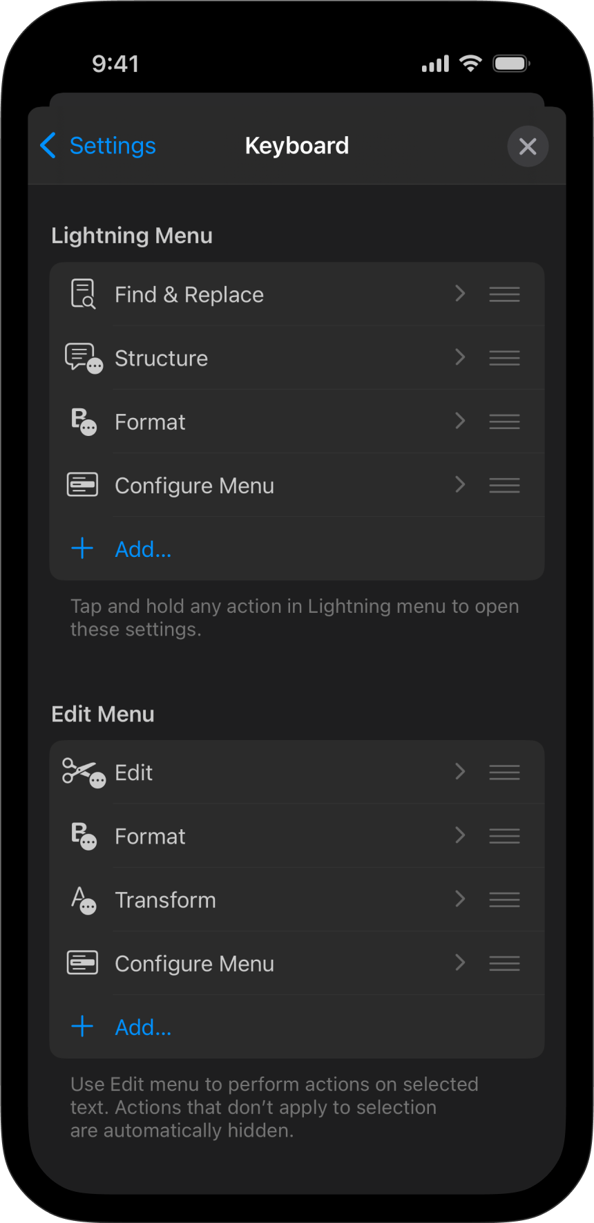 Screenshot of the Keyboard Menu Settings options