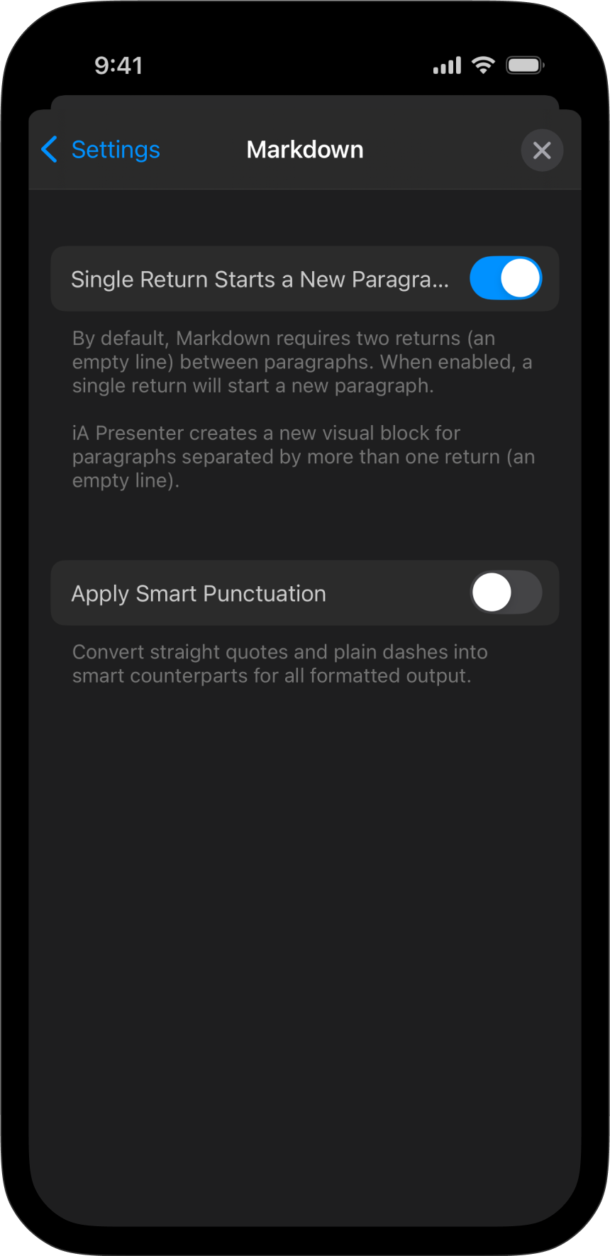 Screenshot of the Markdown Menu Settings options