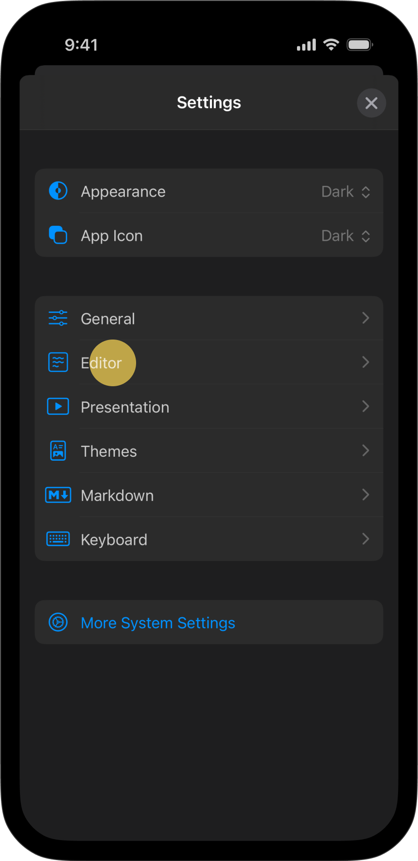The Settings menu, with Editor tab highlighted