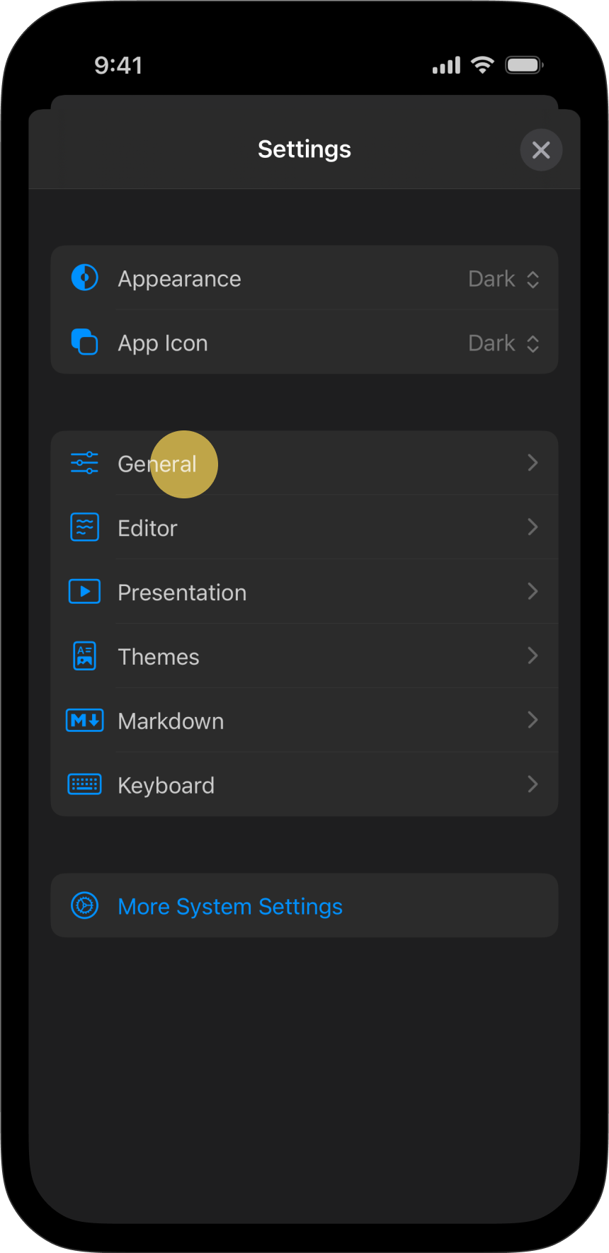 The Settings menu, with General tab highlighted